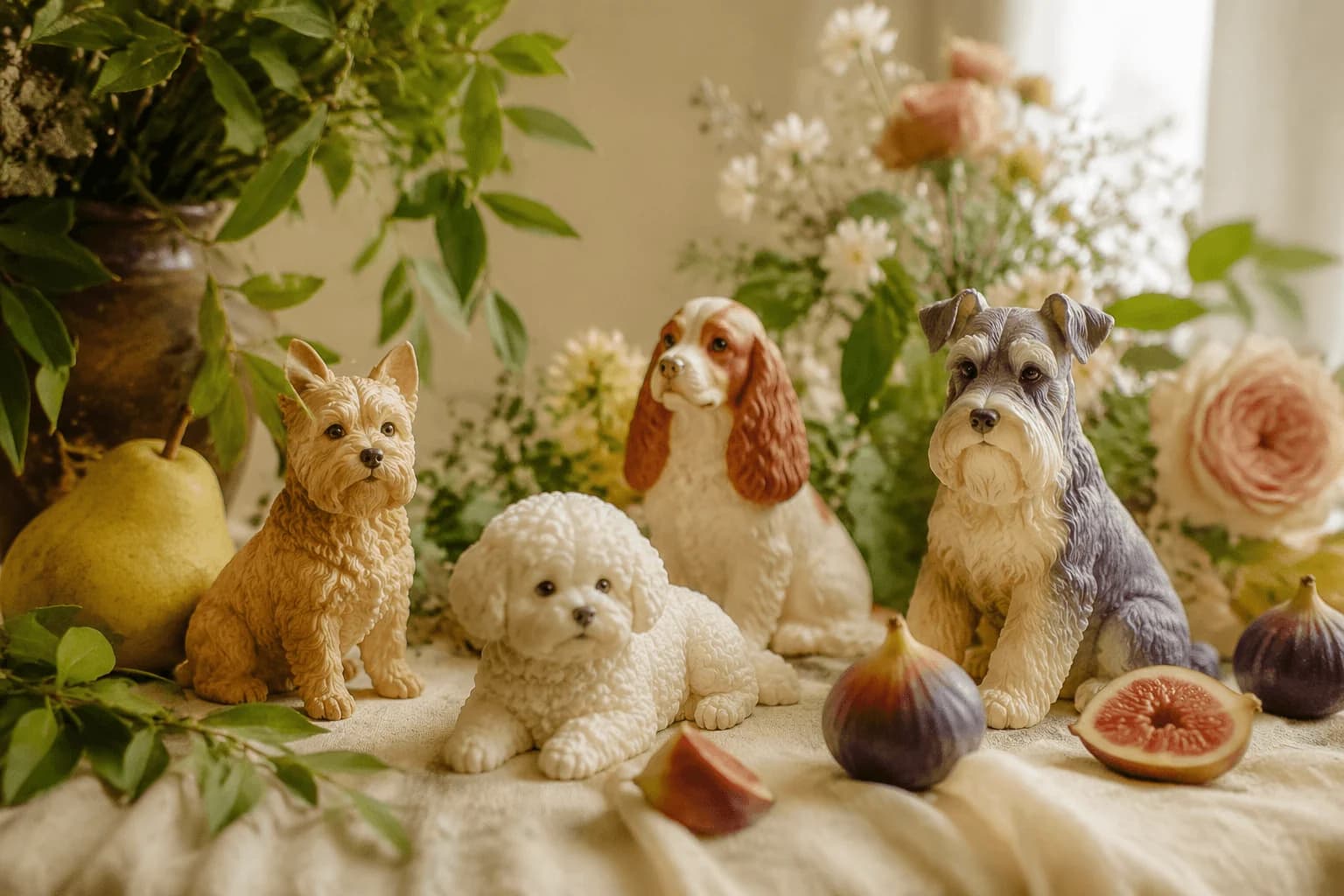 Custom pet sculptures of four dog breeds — Yorkie, Bichon, Cocker Spaniel and Schnauzer