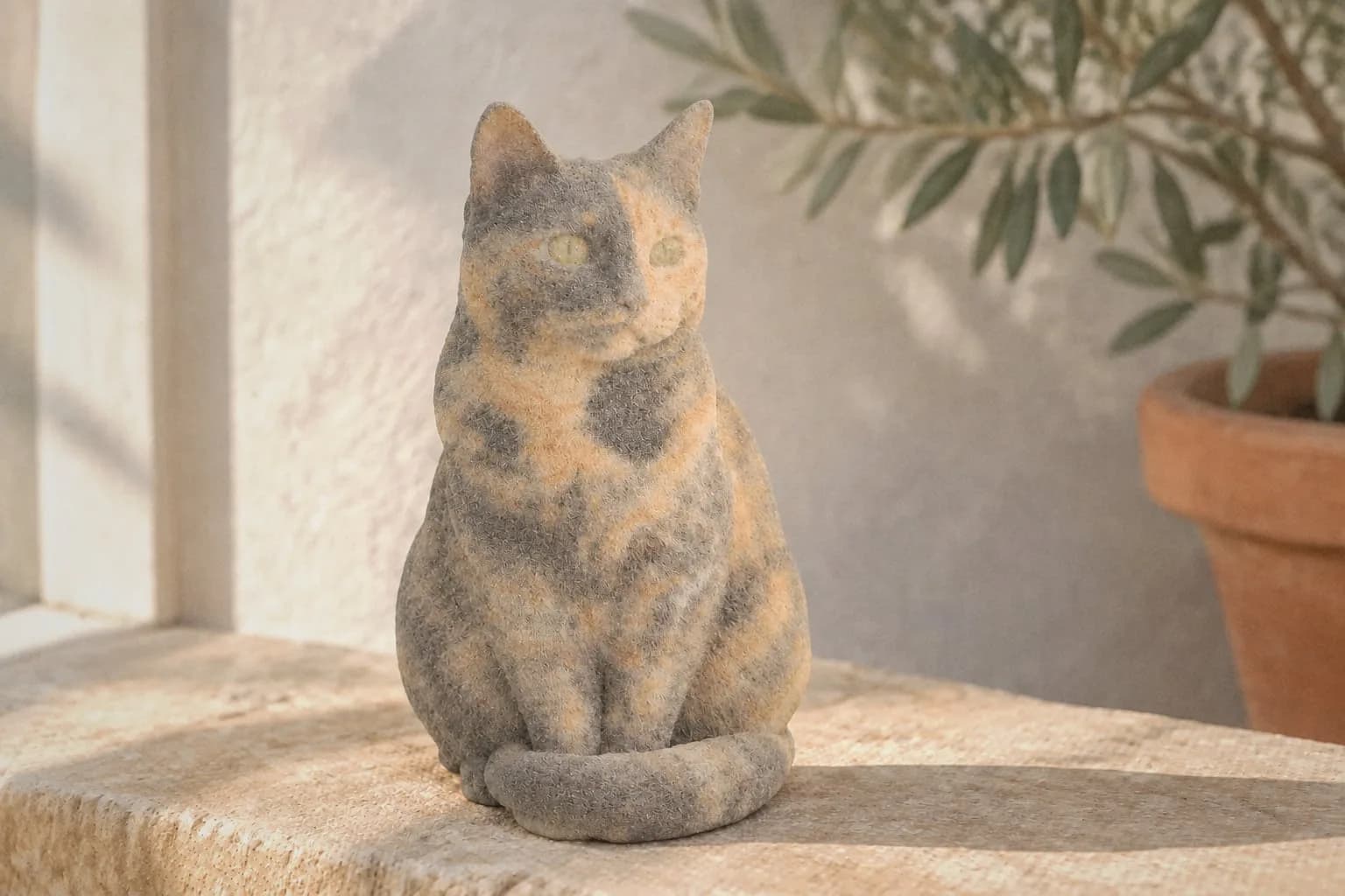 Powder / sandstone color print version of the same tortoiseshell cat figurine