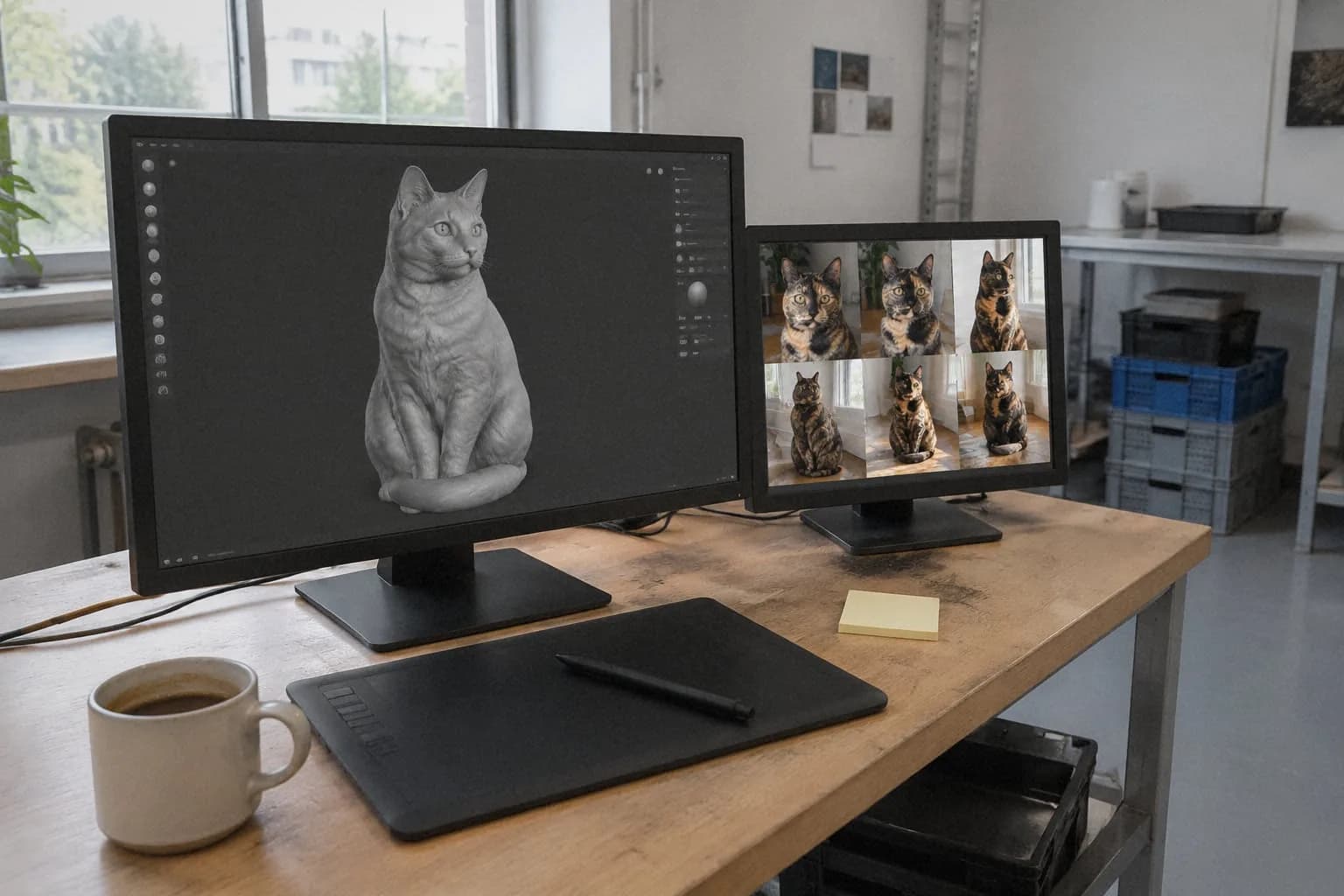 A sculpting desk: the untextured digital sculpture of a tortoiseshell cat on screen beside real-life reference photos of the same cat