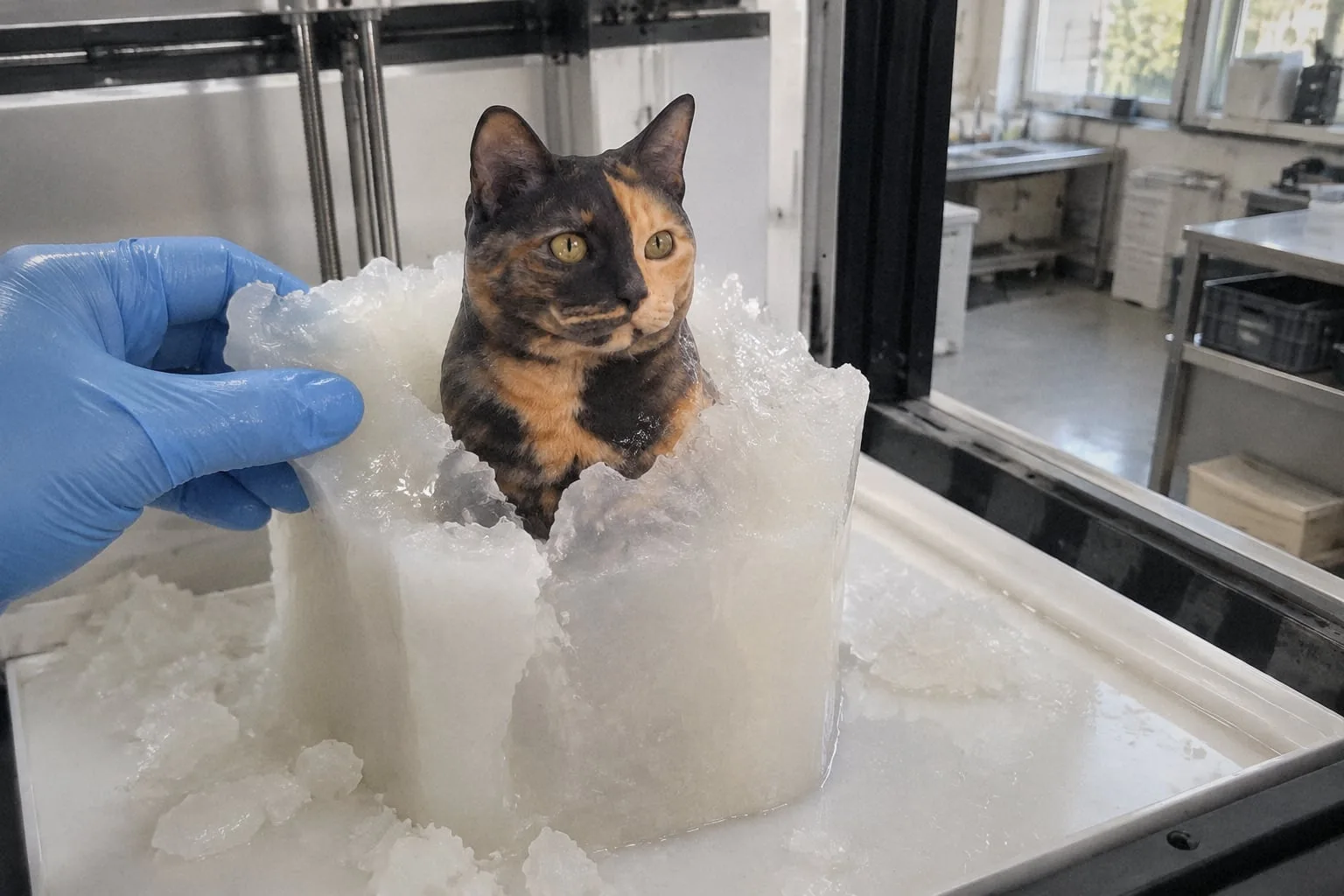A production technician lifts the same tortoiseshell cat portrait out of its translucent support on the print tray, its colors already printed in