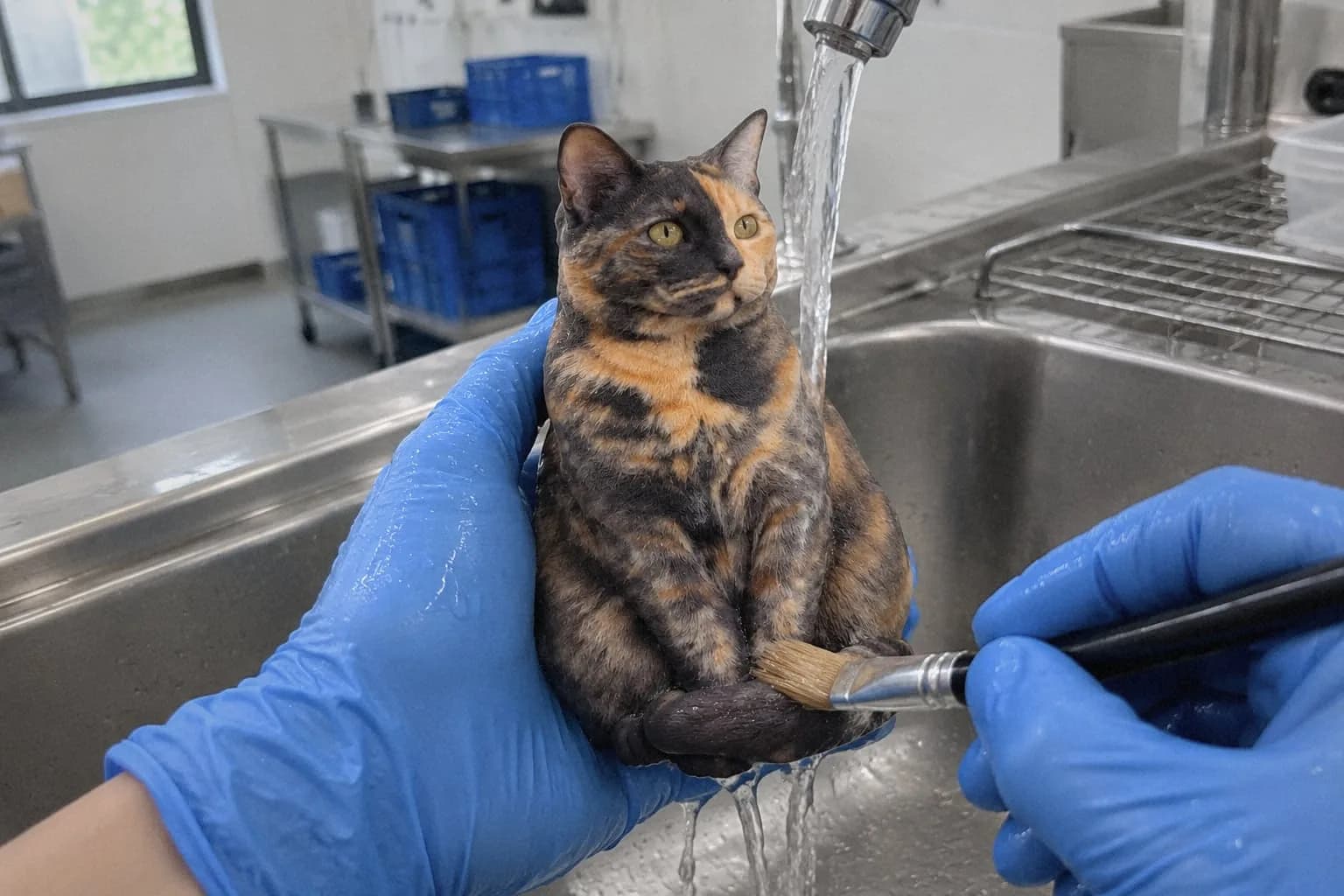 The same compact tortoiseshell cat figurine rinsed free of its support material by gloved hands before inspection and packing