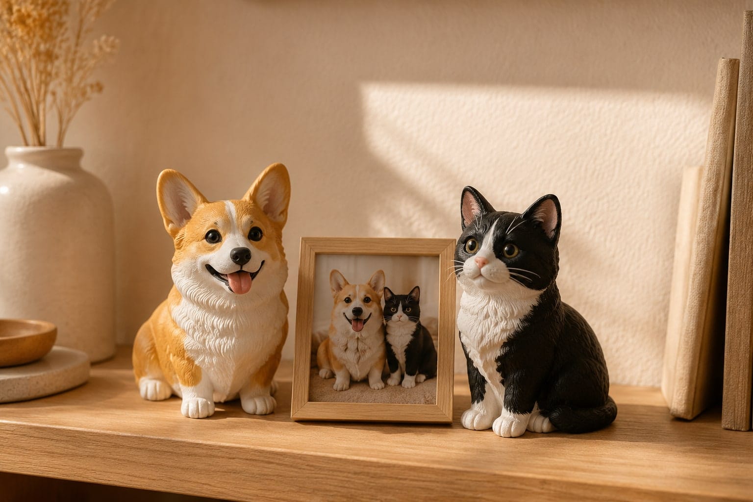 Two sculpted pet portraits standing together on a shelf