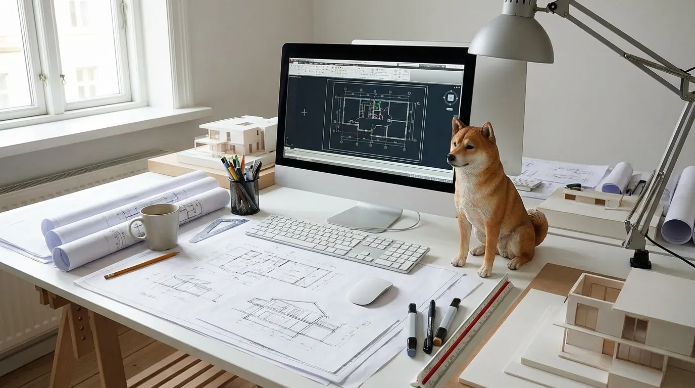 Shiba Inu figurine on an architect's desk