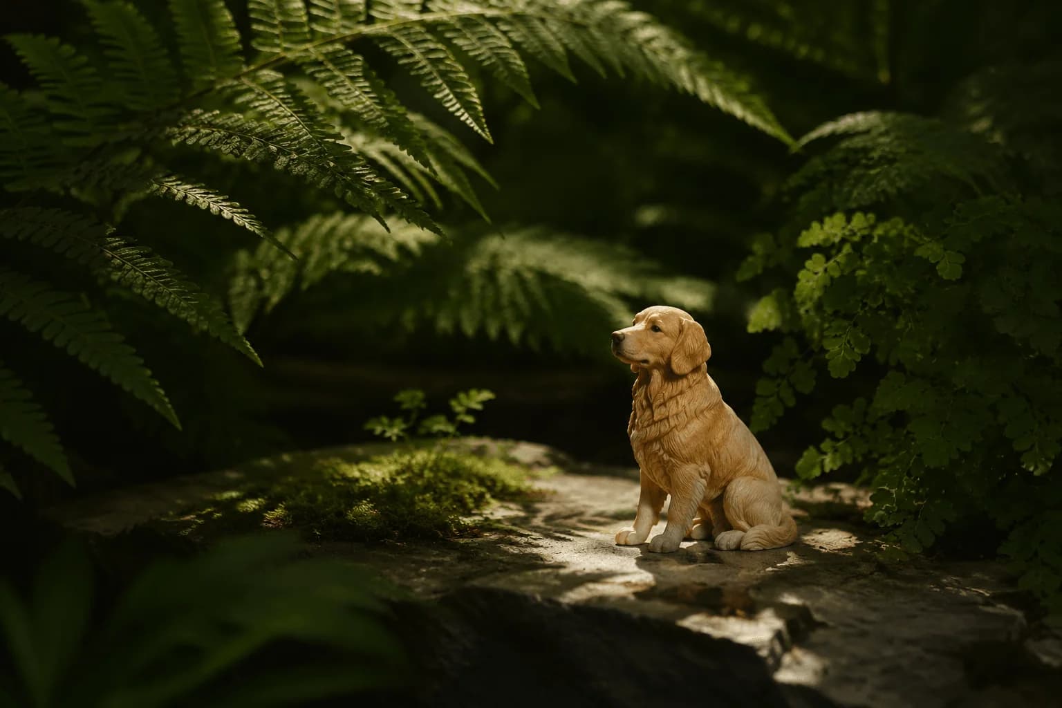A small dog figurine in dappled fern light