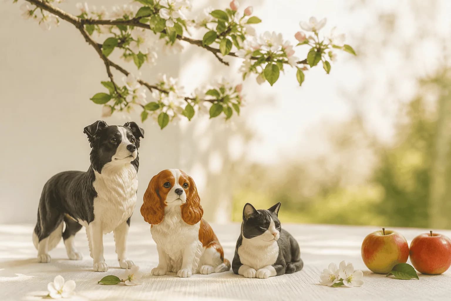 Editorial scene of dog and cat figurines beneath pale orchard blossom