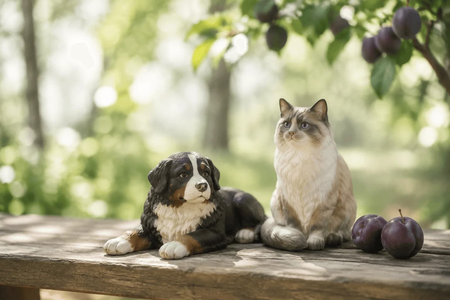 Quiet editorial portrait of dog and cat figurines on an orchard bench