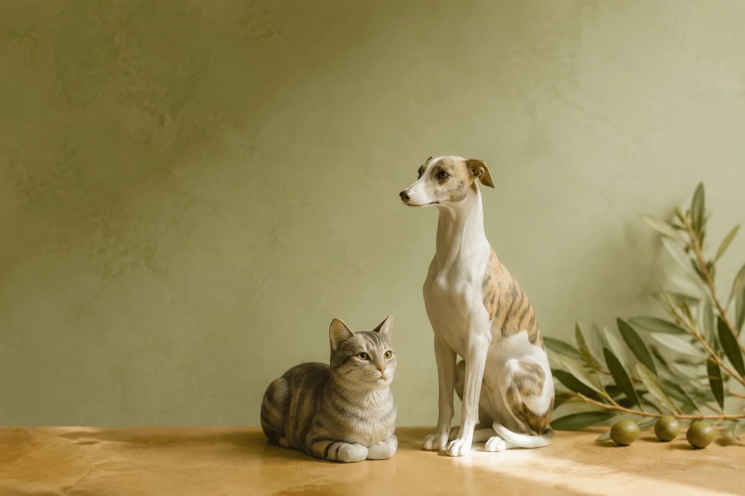 Dog and cat figurines in a relaxed olive-toned home scene