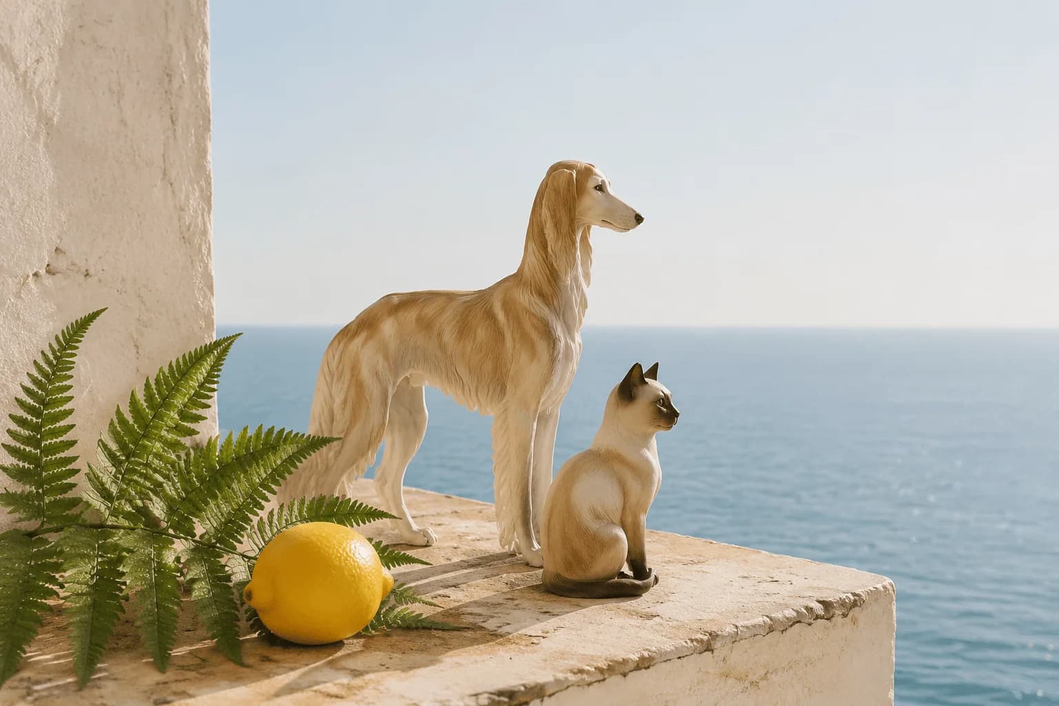 Dog and cat figurines in a calm coastal memory scene