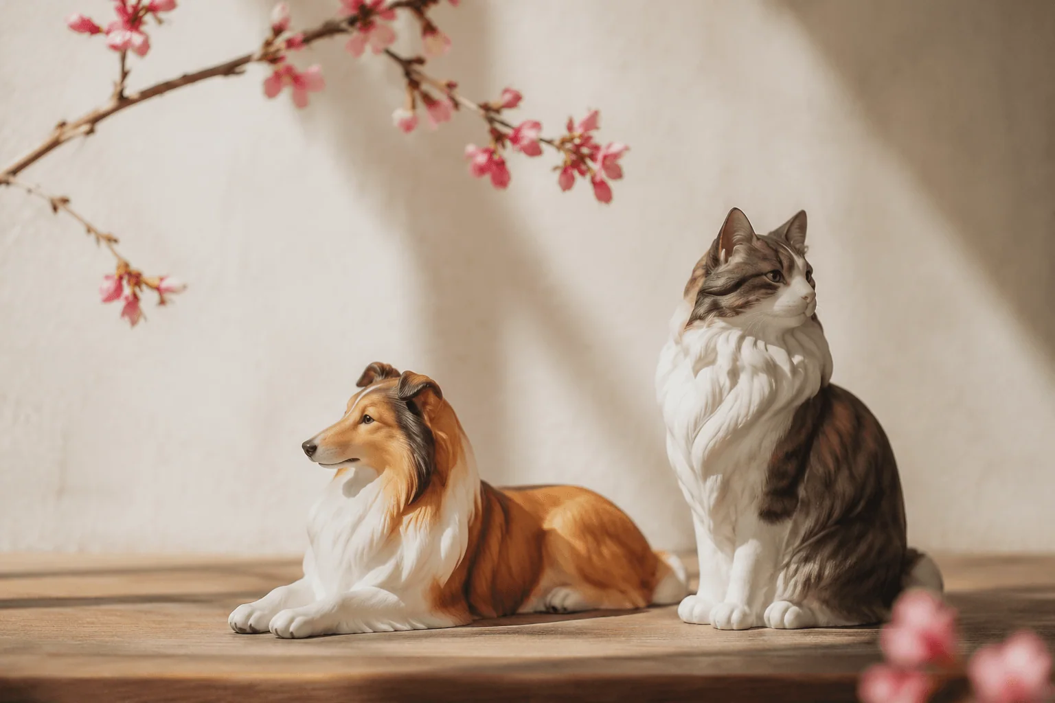 Dog and cat figurines beneath a delicate flowering branch
