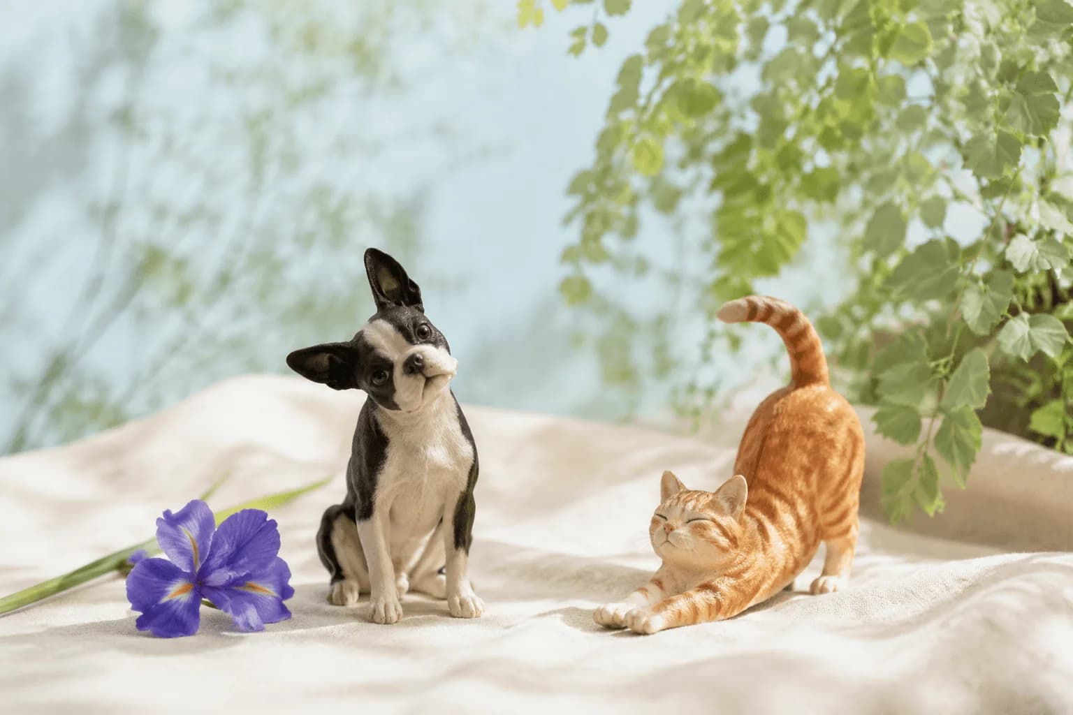 Playful dog and cat figurines in a soft sunlit setting