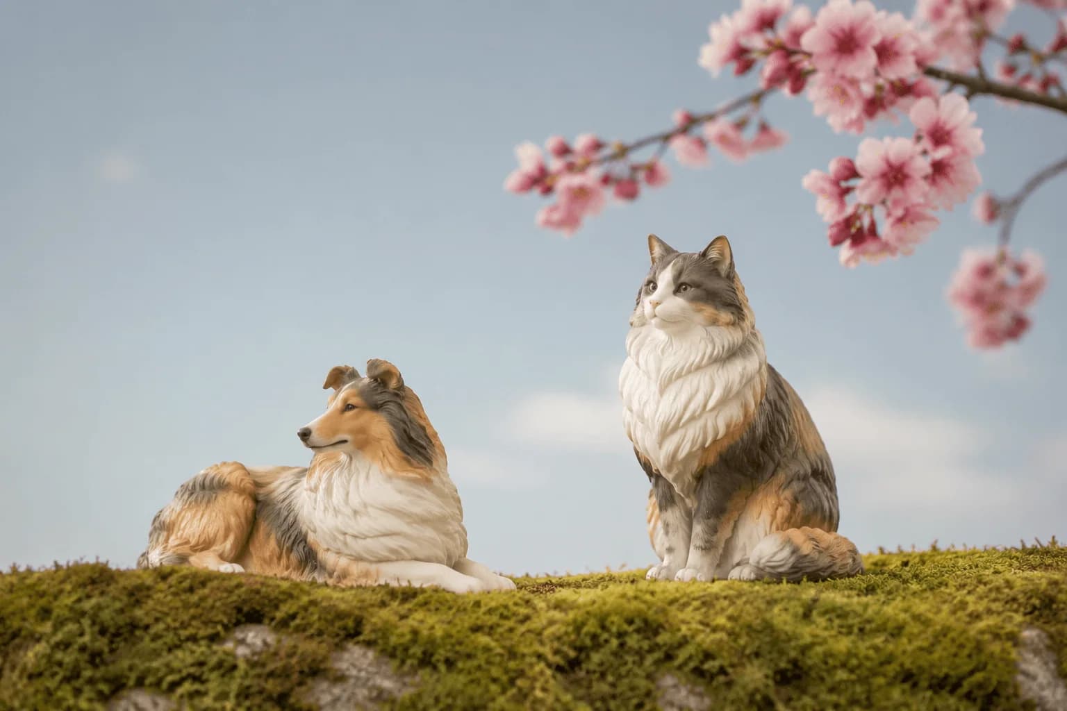 Companion figurines in a restrained pale-blue memorial setting