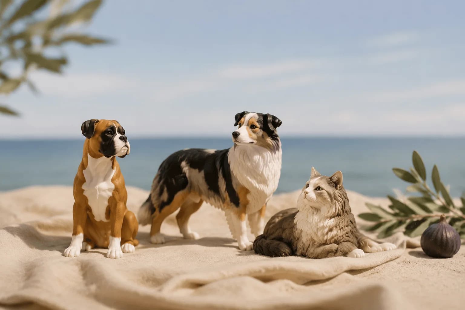 Pet figurines in a soft coastal gift scene