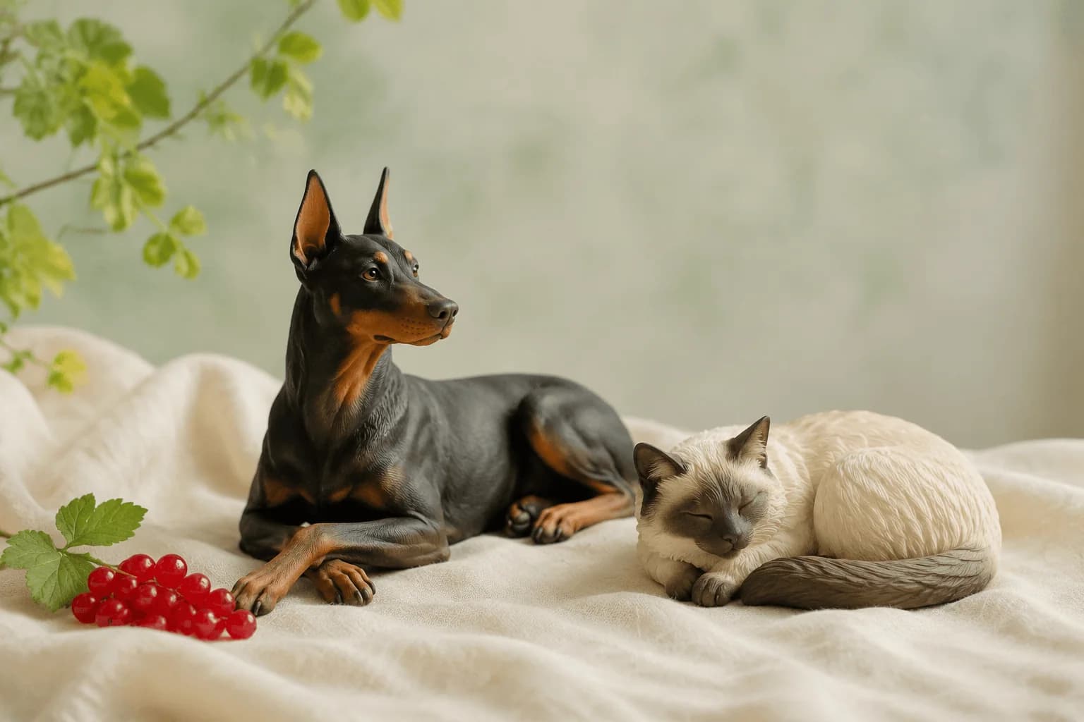 Dog and cat figurines resting together beside a currant branch