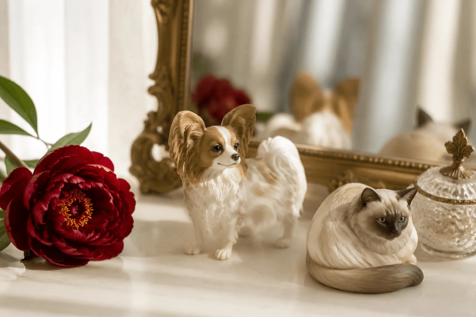 Pet figurines reflected in an antique mirror at home