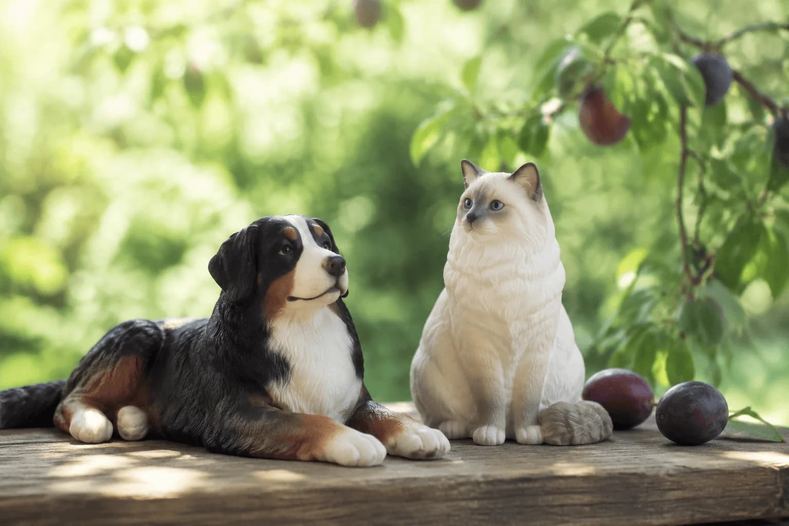 Dog and cat figurines on an orchard bench with plums