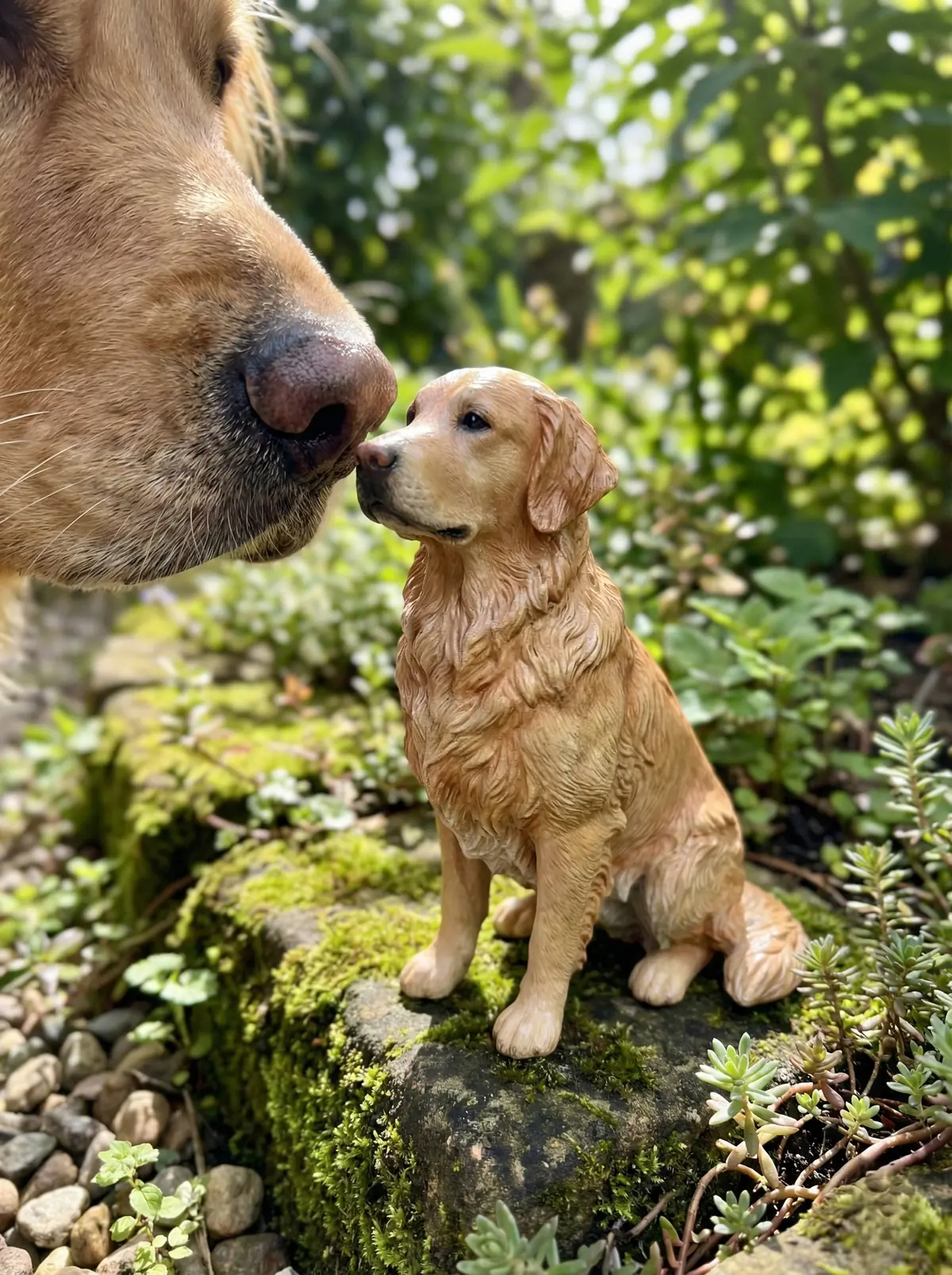 A Golden Retriever noses its matching seated figurine in a sunlit garden