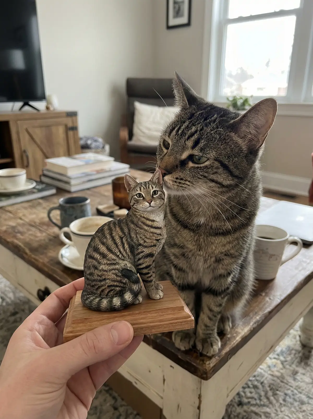 A tabby cat stands beside a hand-held matching figurine in a bright living room