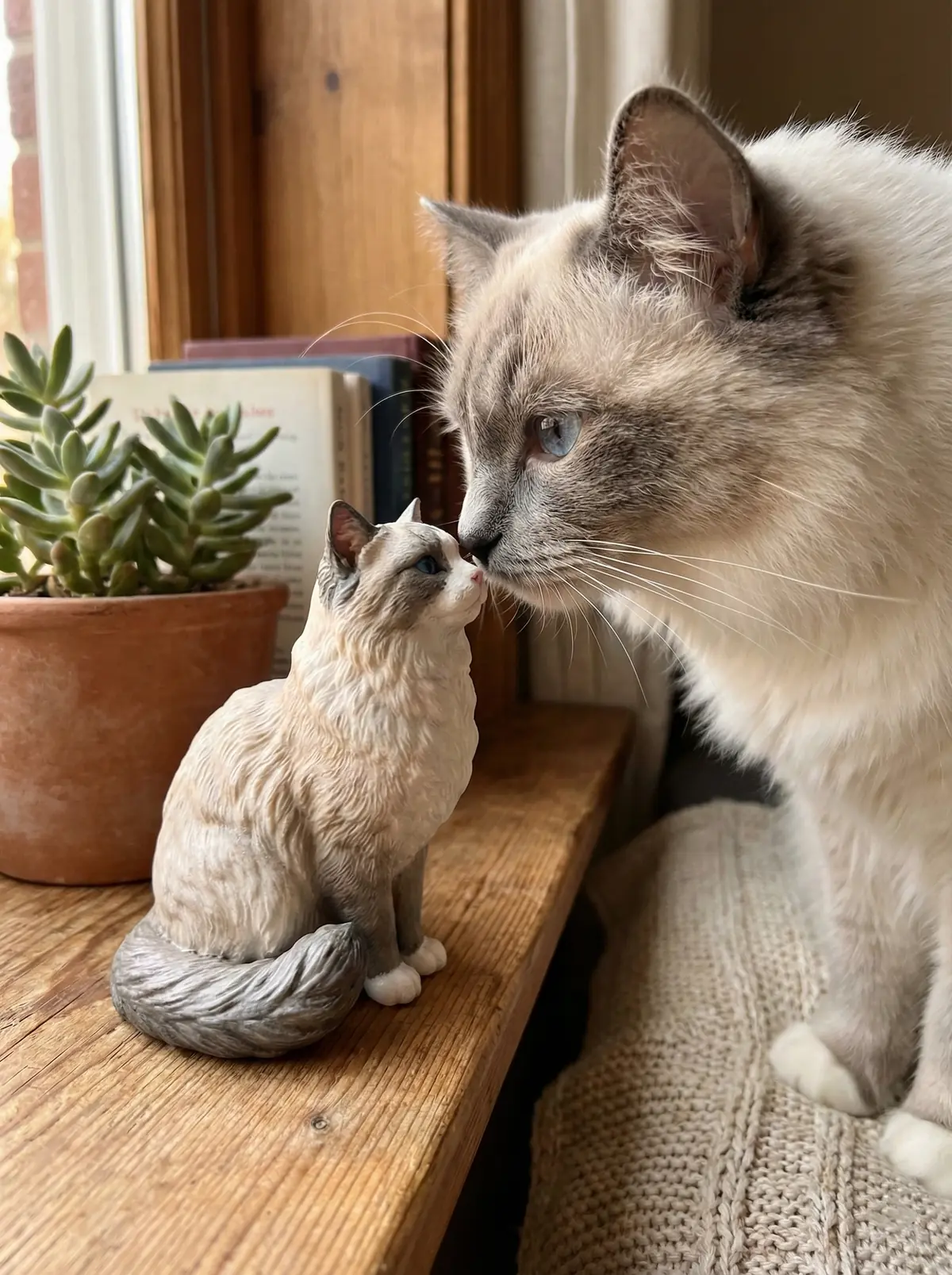 A blue-eyed Ragdoll cat touches noses with its matching figurine on a sunny windowsill