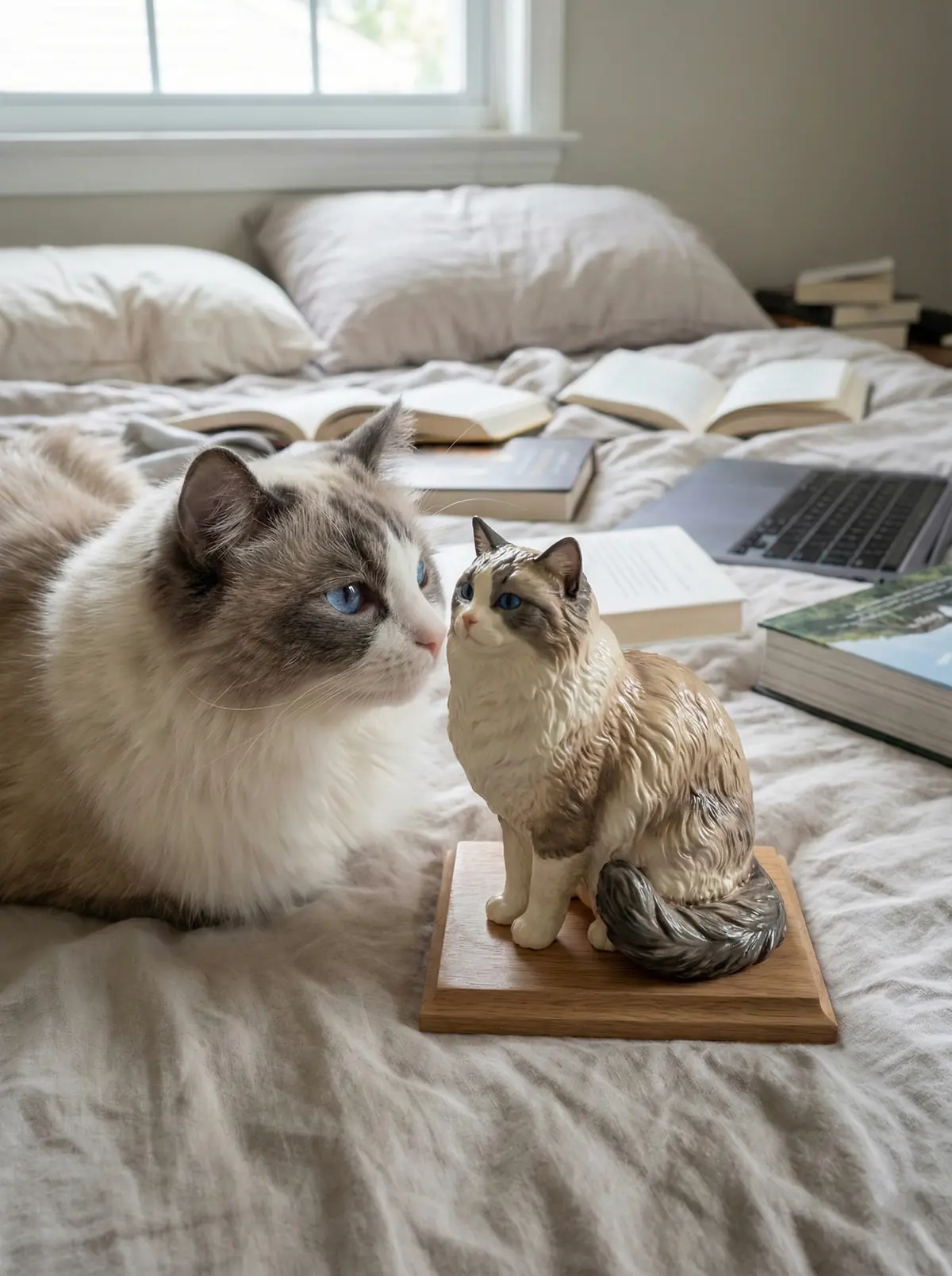 A blue-eyed Ragdoll cat lies beside its matching figurine on a bed