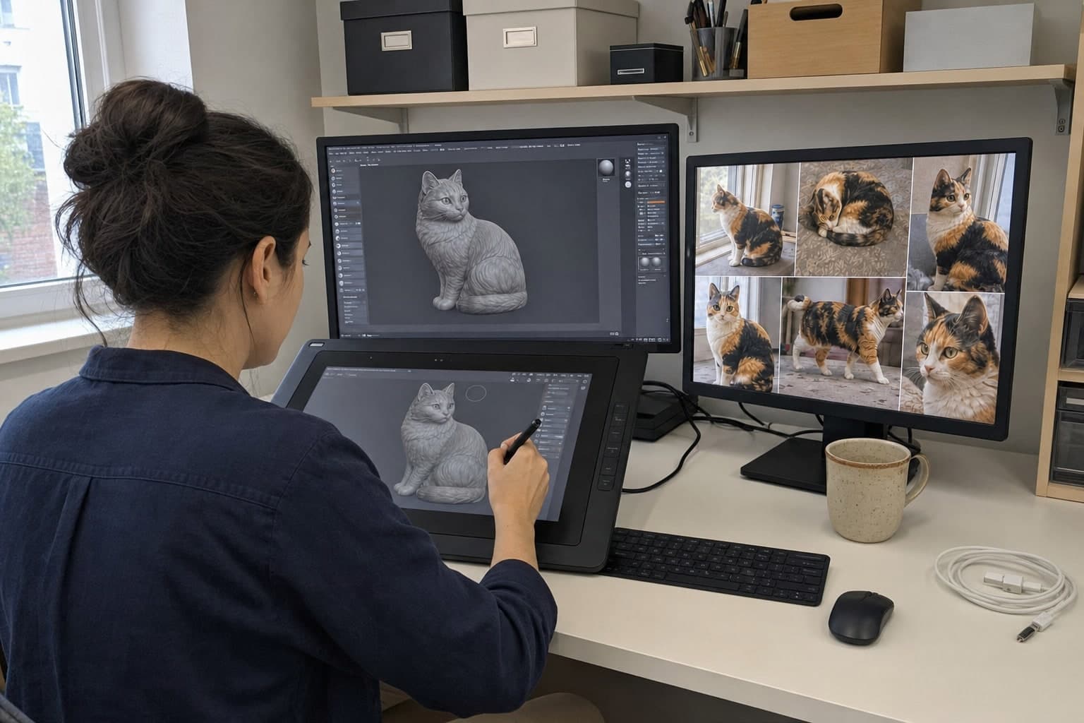 A woman digital sculptor studies real-life reference photos of the same calico cat at a clean working studio desk