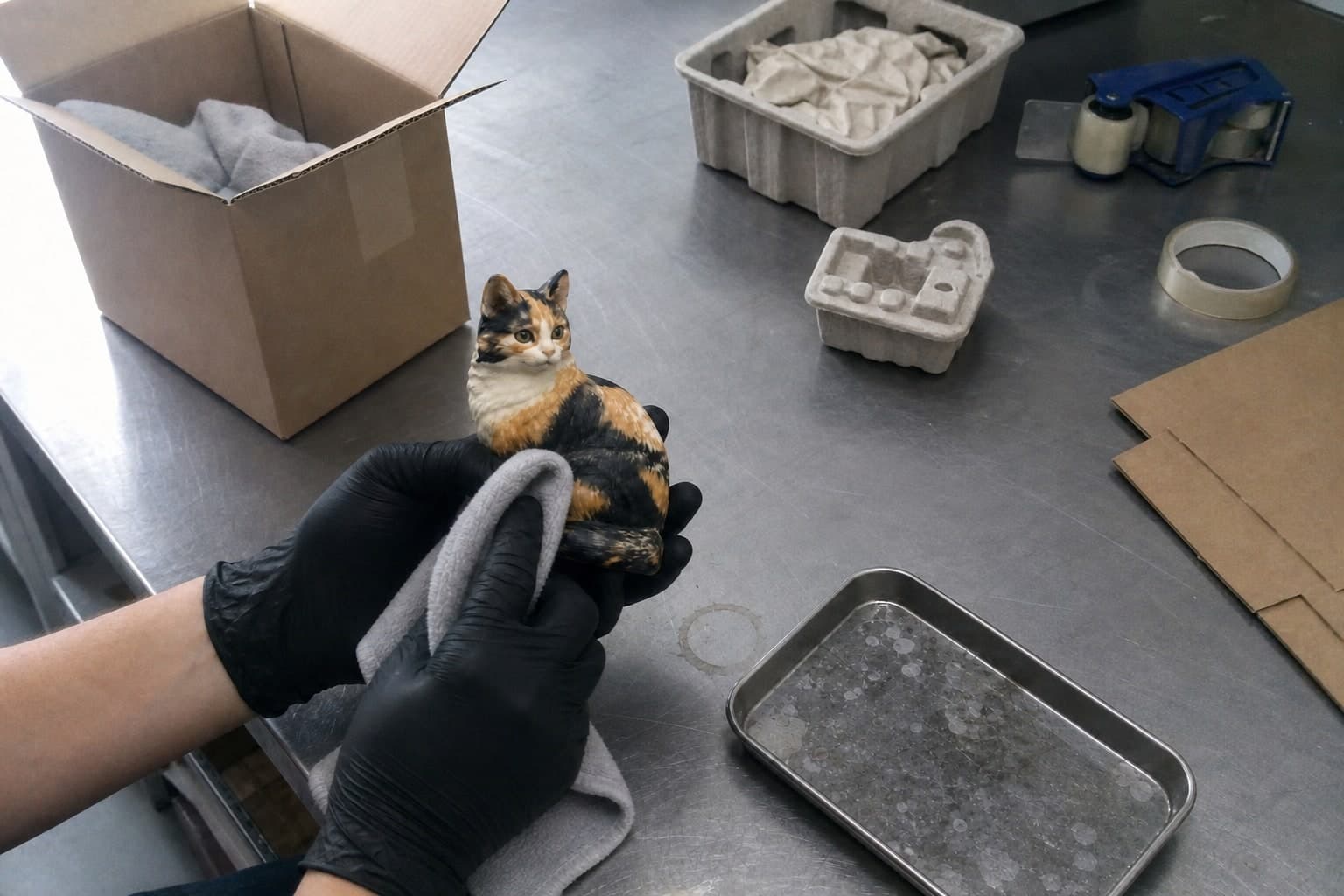 The same compact calico cat figurine inspected and prepared for protective packing
