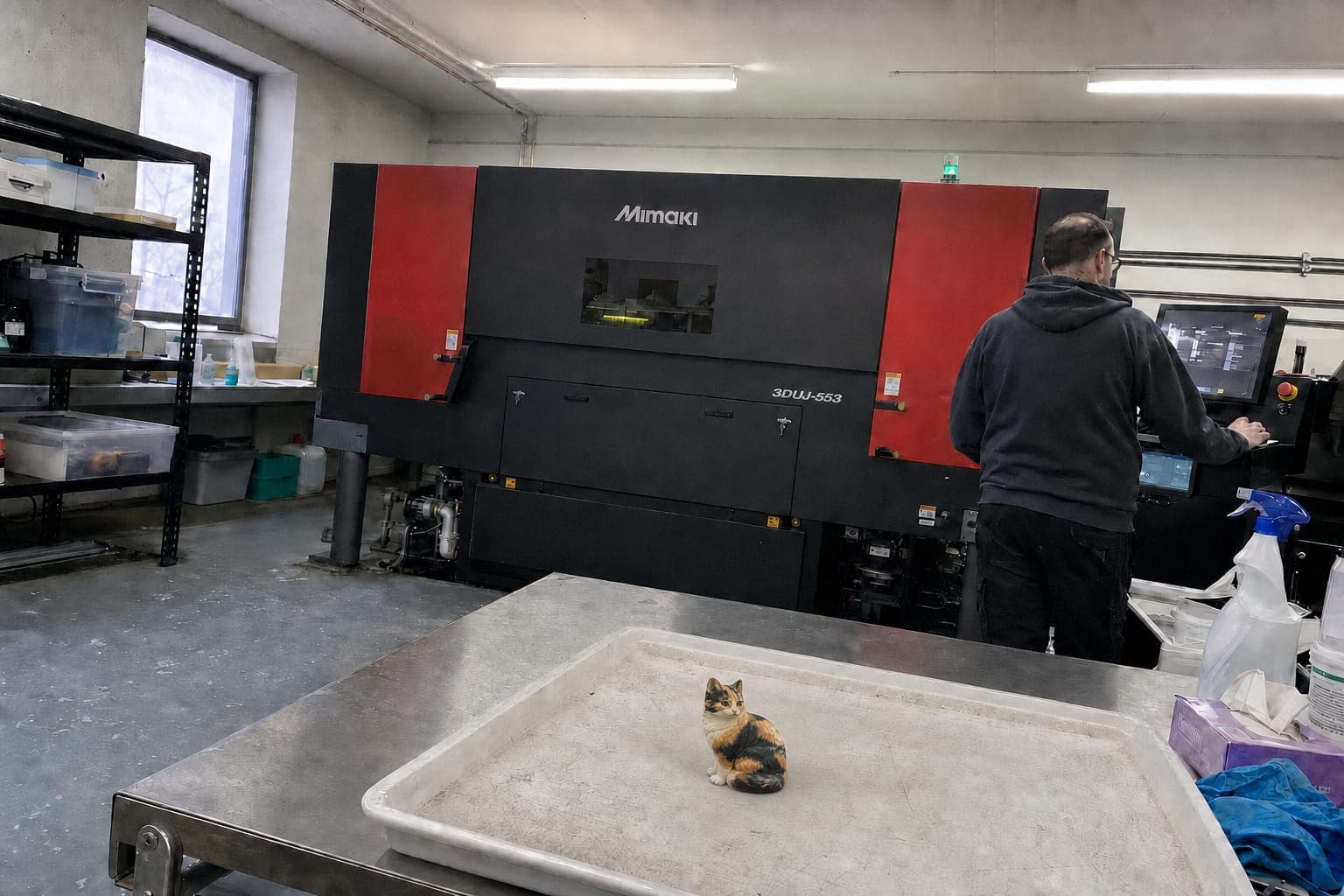 A production technician operates the Mimaki 3DUJ-553 beside the same calico cat portrait