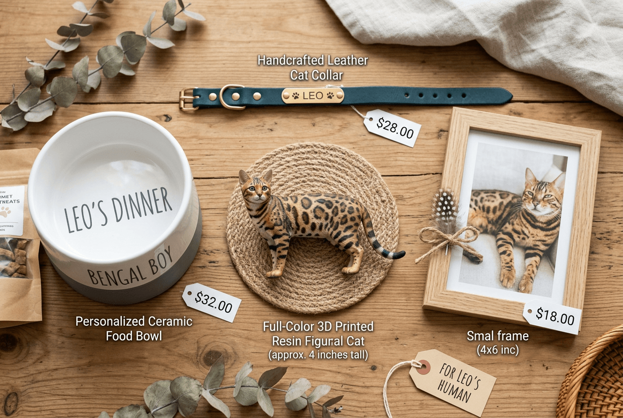 Bengal cat 3D figurine surrounded by personalized gifts under $100 with price tags visible