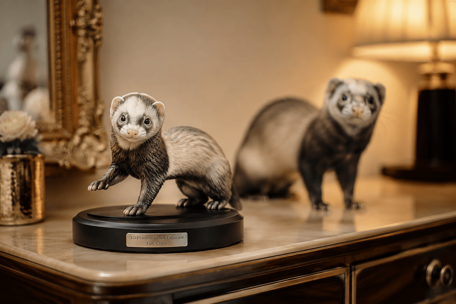 A premium resin Ferret figurine on a rotating display base on a refined console table in warm boutique light