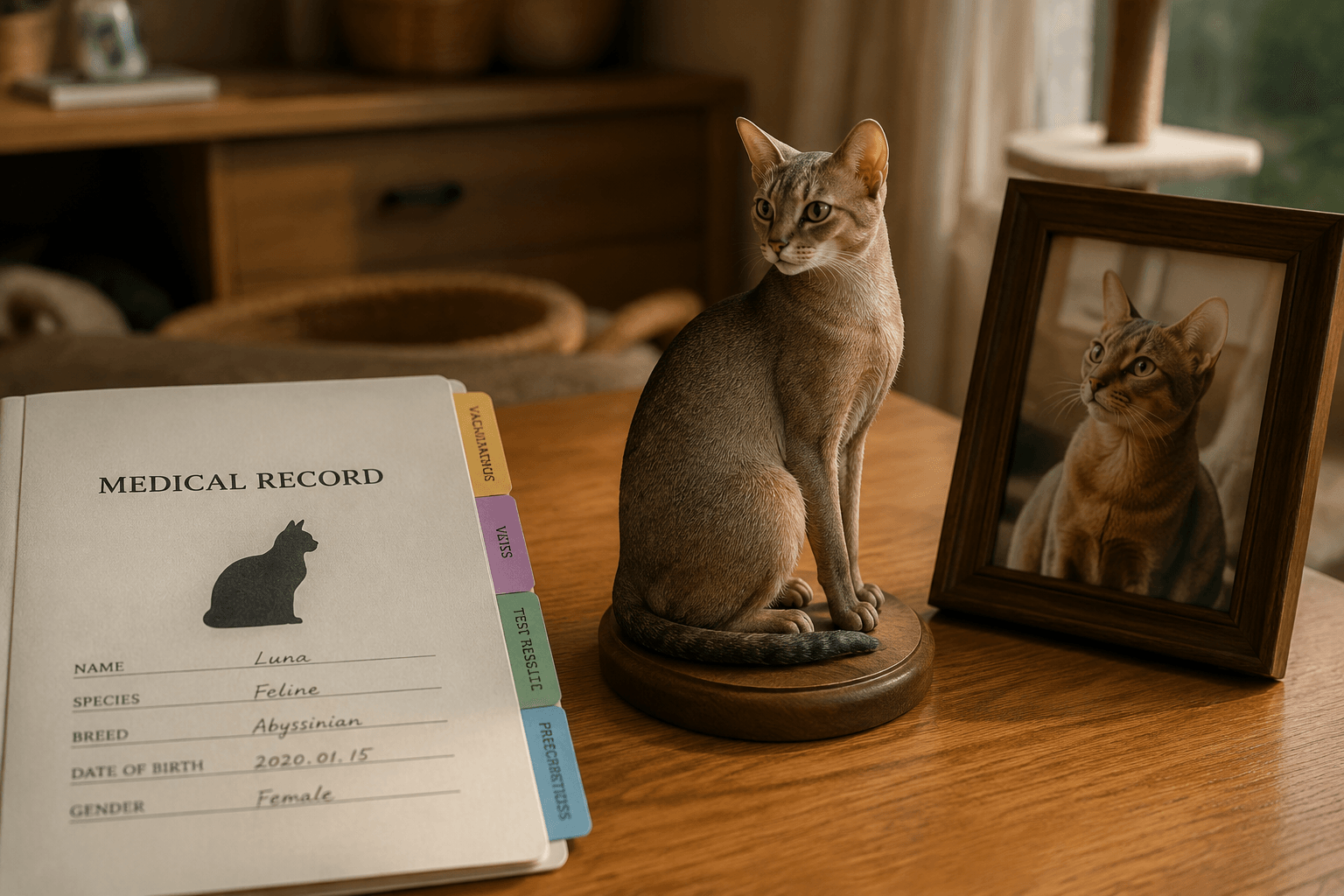 An Abyssinian cat's resin figurine beside a medical record folder and a framed photo in soft morning light