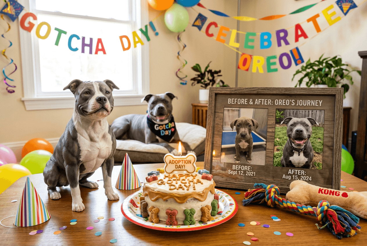 Pitbull 3D figurine with adoption day celebration setup and before-after photos of real rescue dog