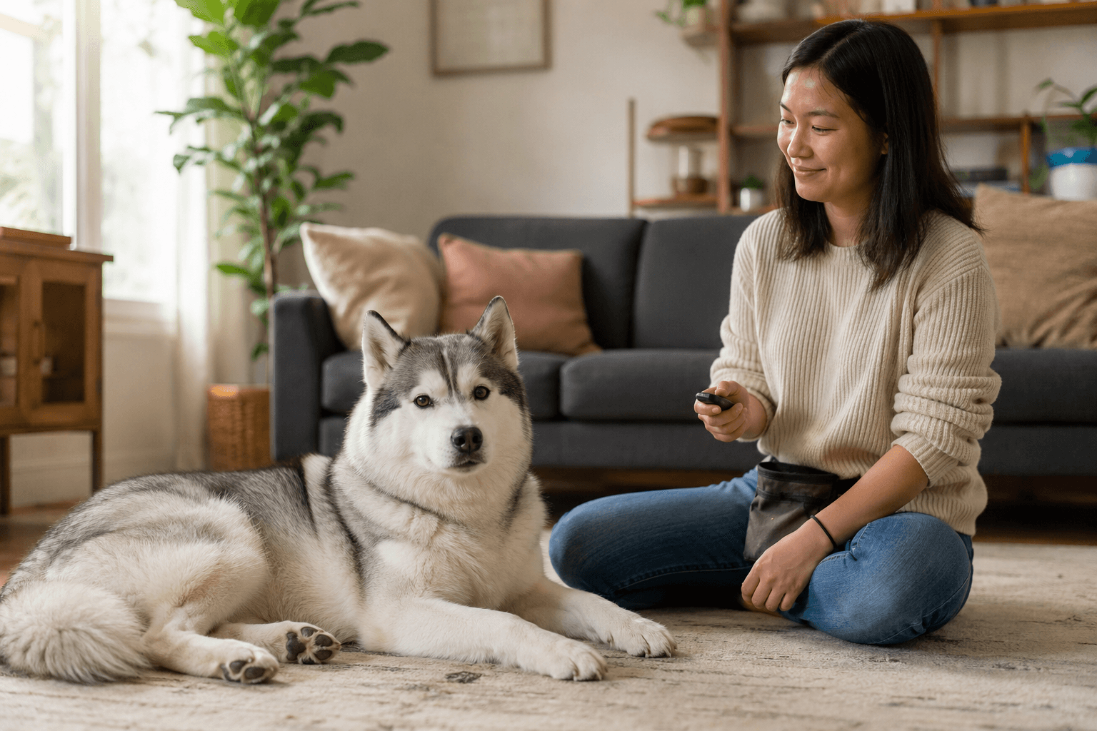 A calm adult Husky lying relaxed on a rug with owner sitting nearby holding a training clicker in warm living room