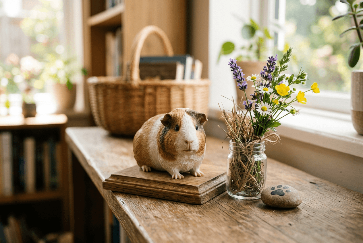 Full-color 3D printed resin Guinea Pig figurine in a simple elegant memorial arrangement with wildflowers