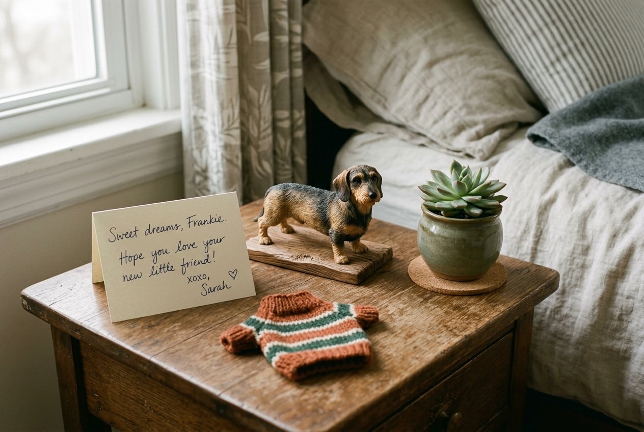 Full-color 3D printed resin Dachshund figurine beside a succulent and handwritten note on a bedside table