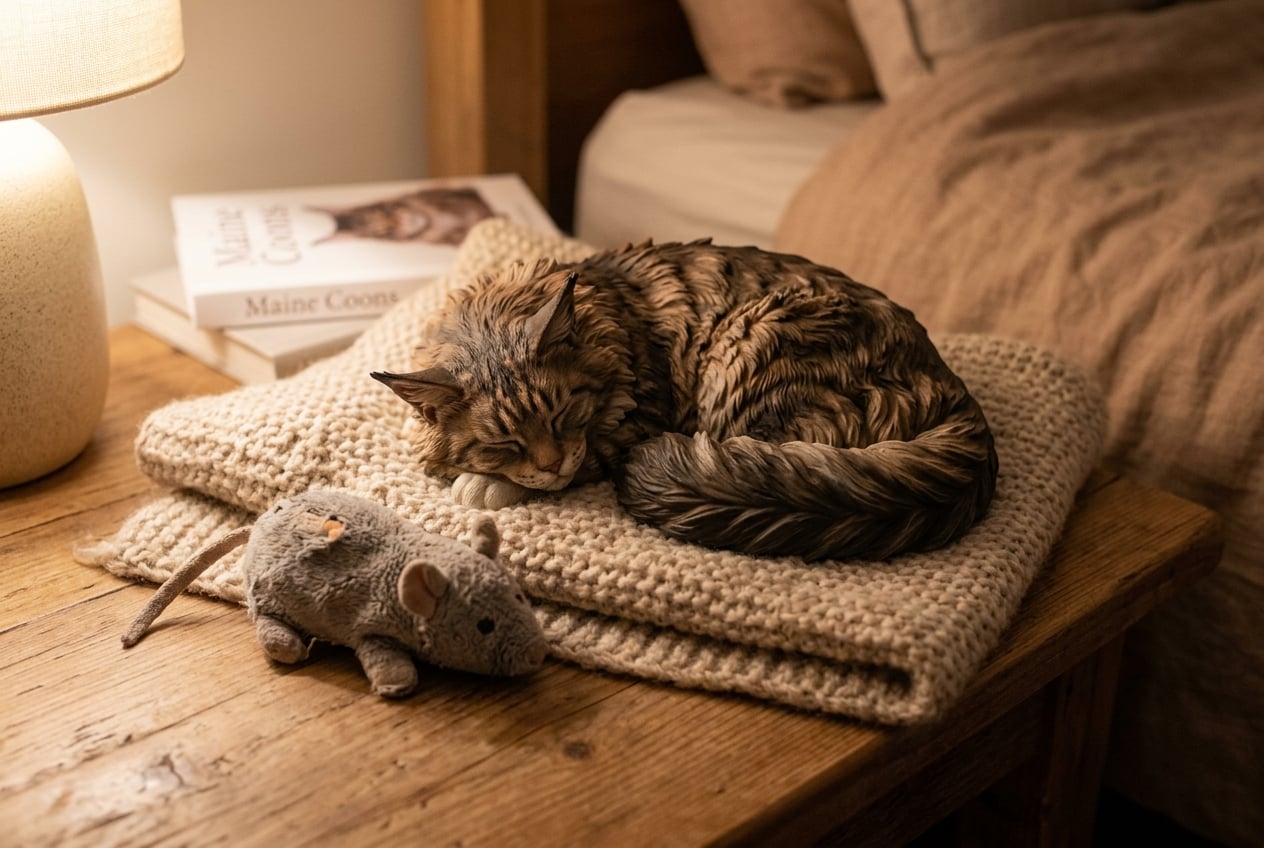 Full-color 3D printed resin figurine of a sleeping Maine Coon on a knitted blanket beside a toy mouse in warm lamplight