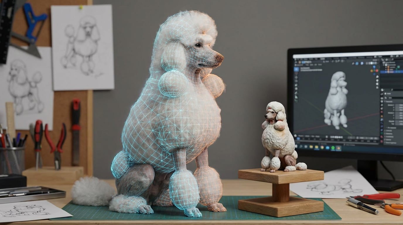 Wireframe overlay on Poodle photo next to finished figurine
