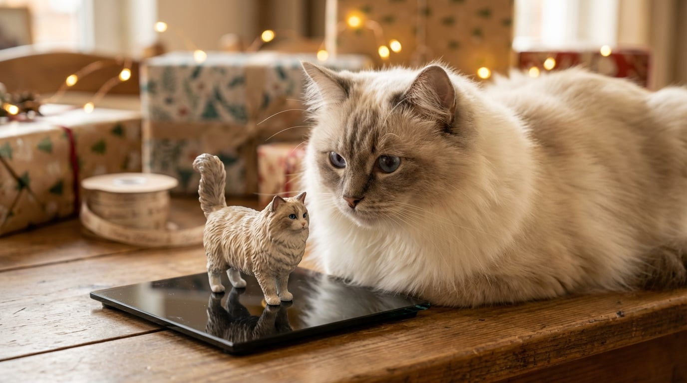 A Ragdoll cat sitting elegantly next to anniversary flowers and a custom figurine.
