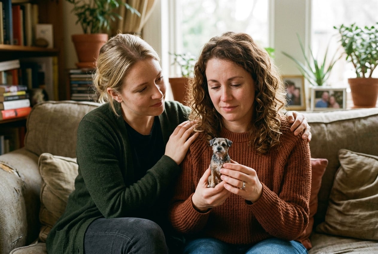 Friends sharing moment with pet figurine showing emotional support
