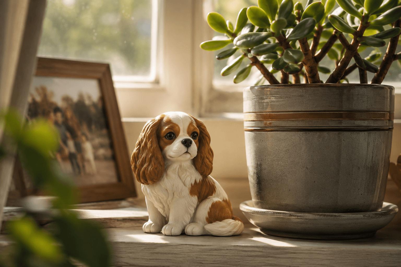 Cavalier King Charles Spaniel figurine sitting with soft ears and gentle eyes