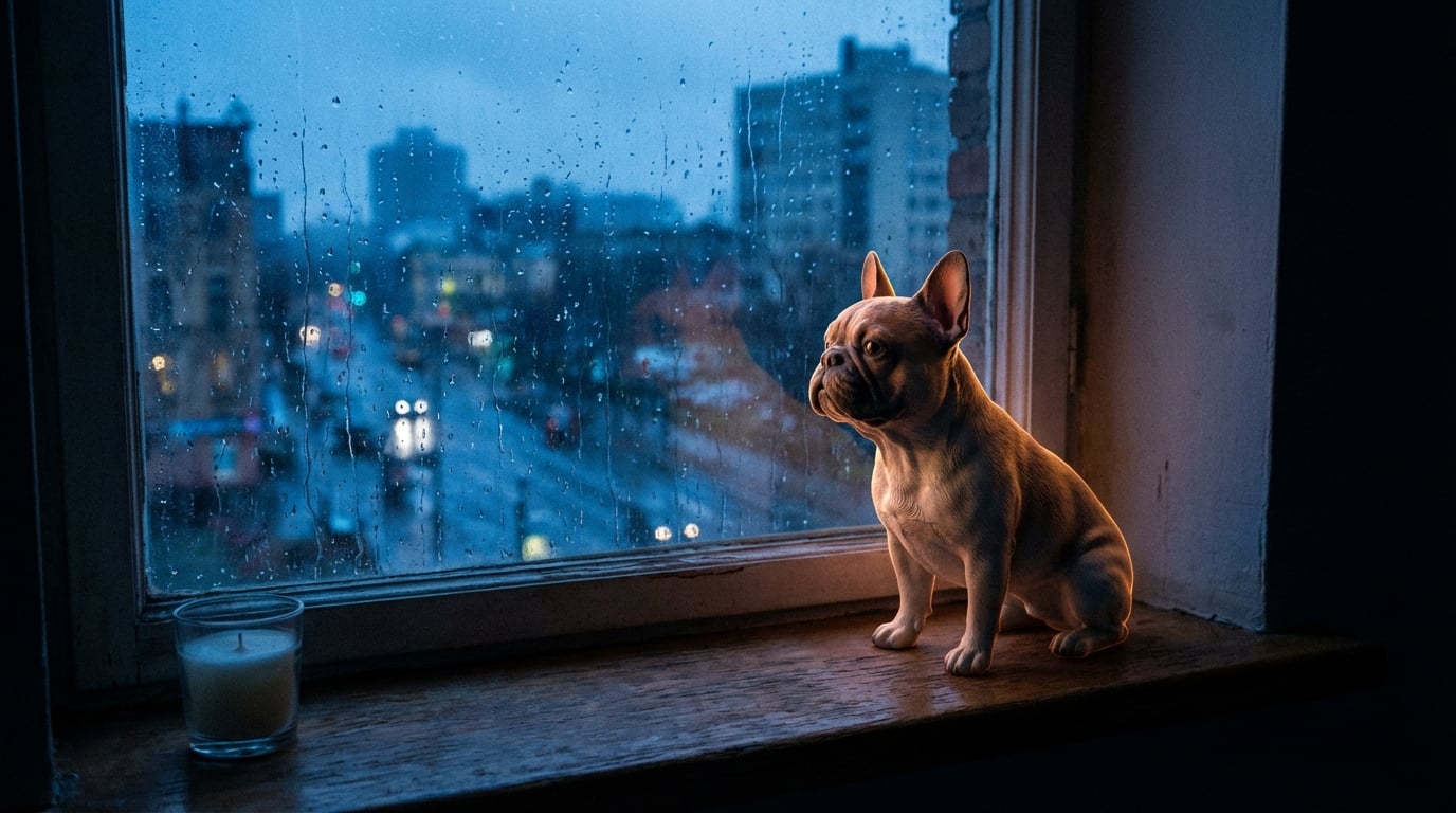 A French Bulldog figurine on a rainy window ledge overlooking a city at dusk.