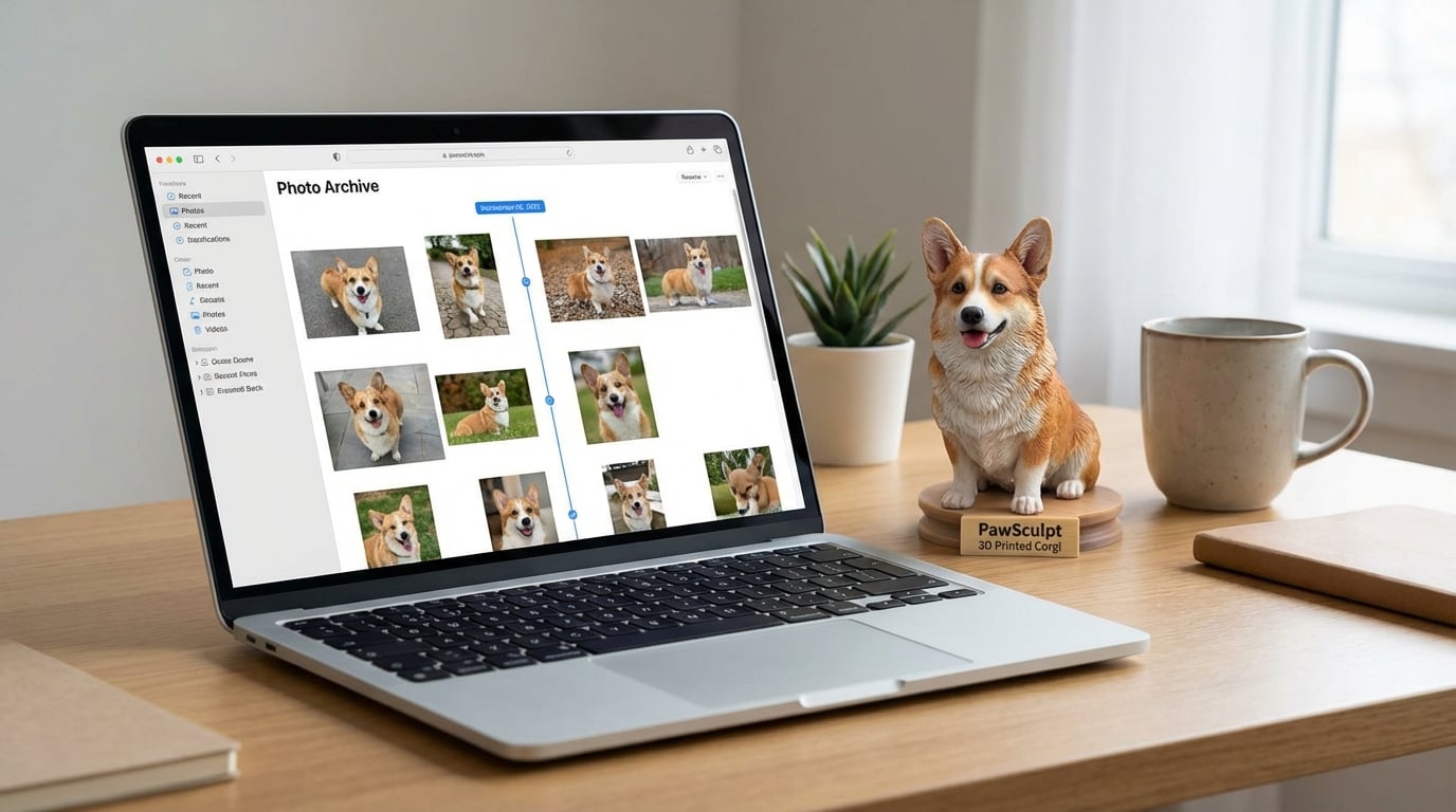 Corgi figurine on a desk next to digital photo archive