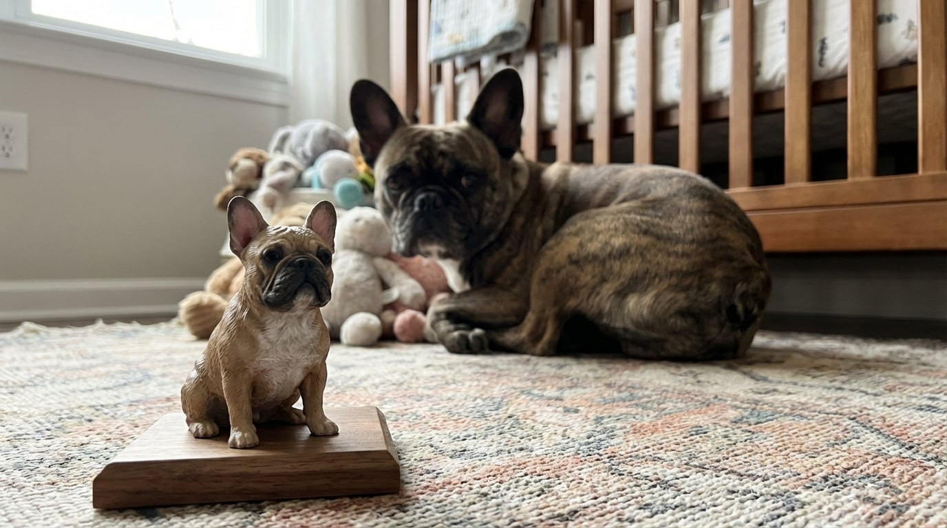 A French Bulldog sitting near a crib with a custom figurine of itself on the nursery shelf.