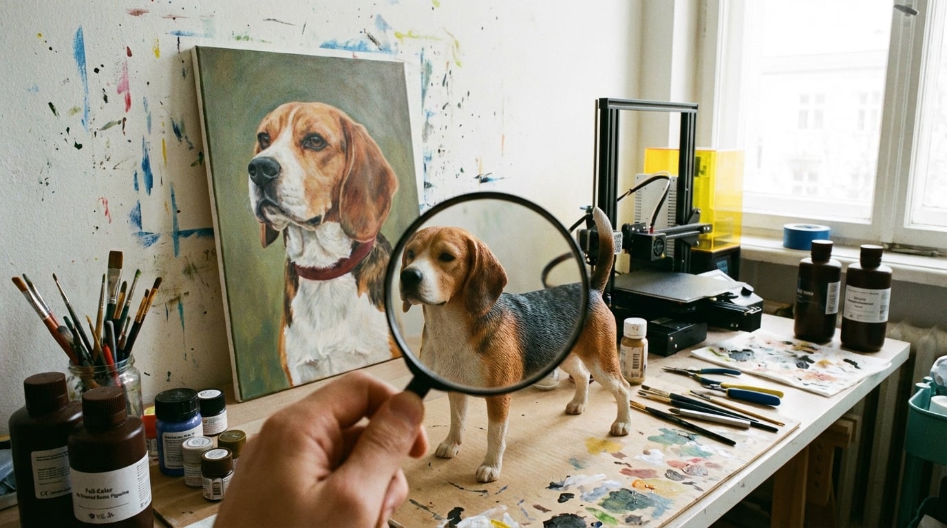 Beagle figurine being inspected near a flat painting