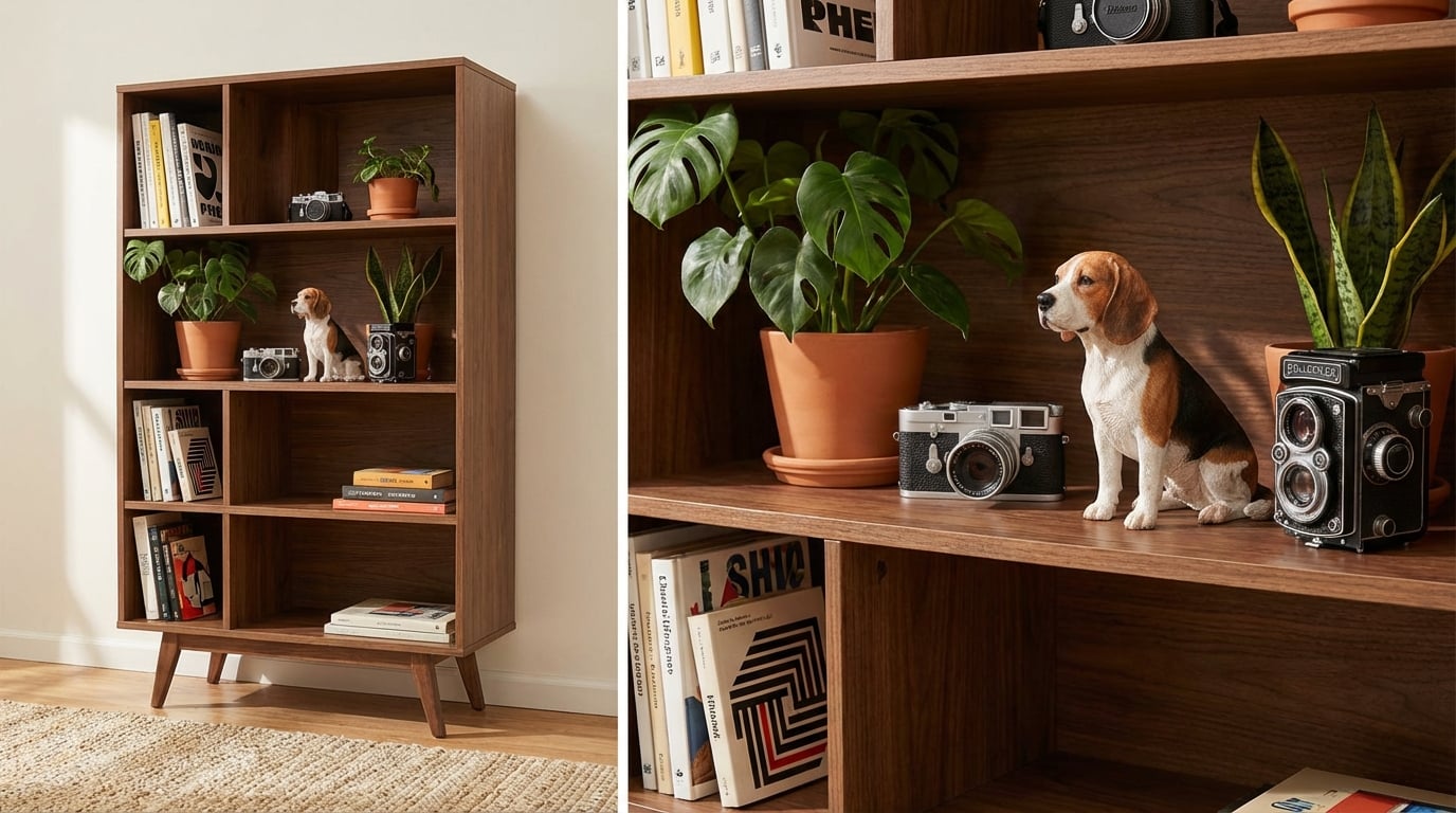 Beagle figurine on a mid-century modern bookshelf