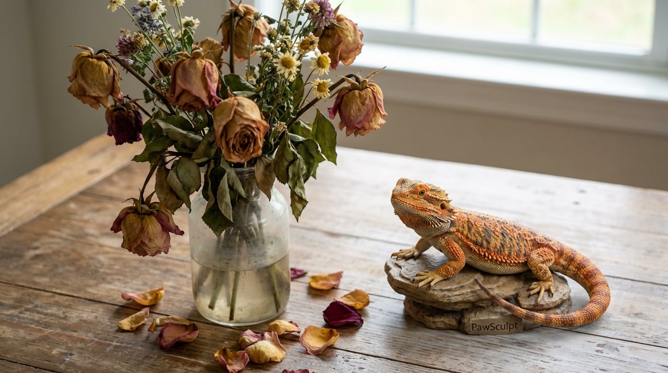 Bearded dragon figurine next to wilted flowers