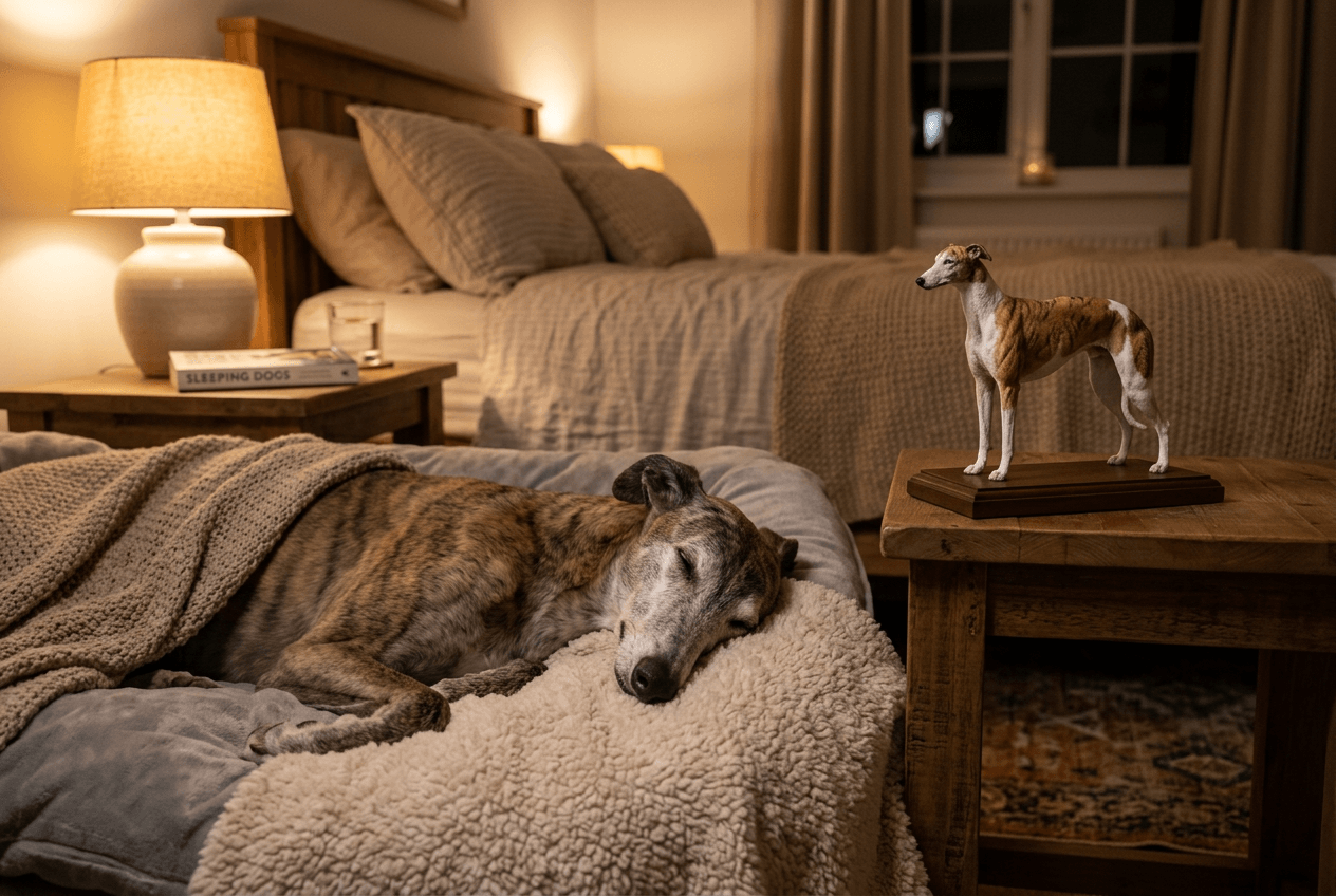 Senior Greyhound resting on a bed beside a full-color 3D printed resin Greyhound figurine on a nightstand