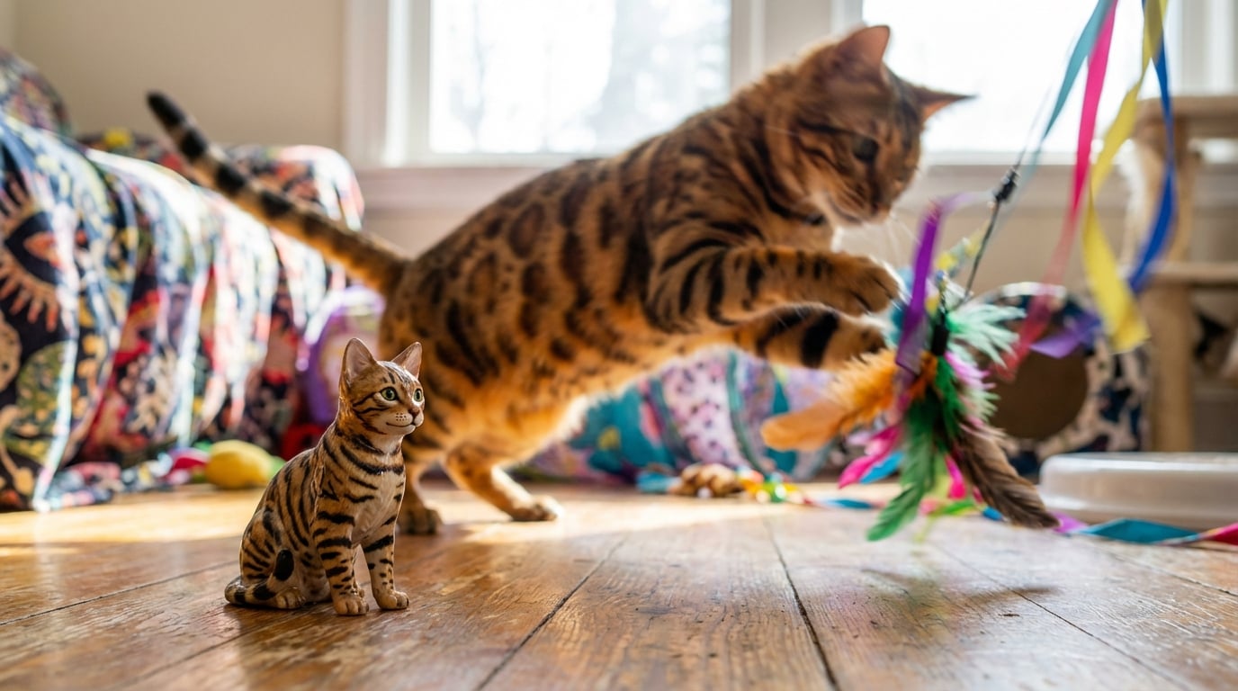 Blurry leaping Bengal cat with a sharp, calm figurine in foreground.