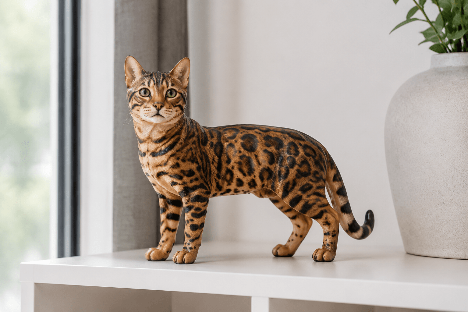 Full-color resin figurine of a Bengal cat with crisp rosette markings on a sunlit minimalist shelf
