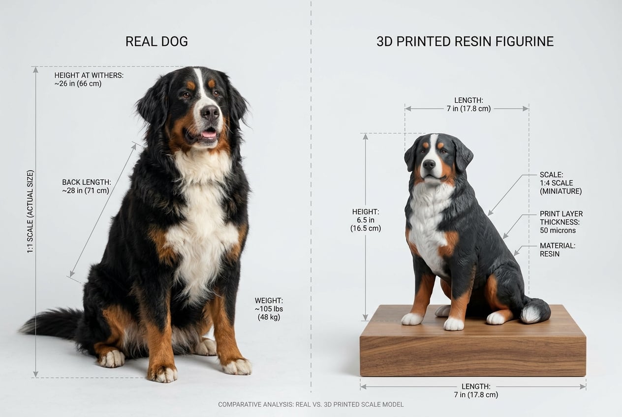 Bernese Mountain Dog with custom figurine showing scale comparison and technical measurements