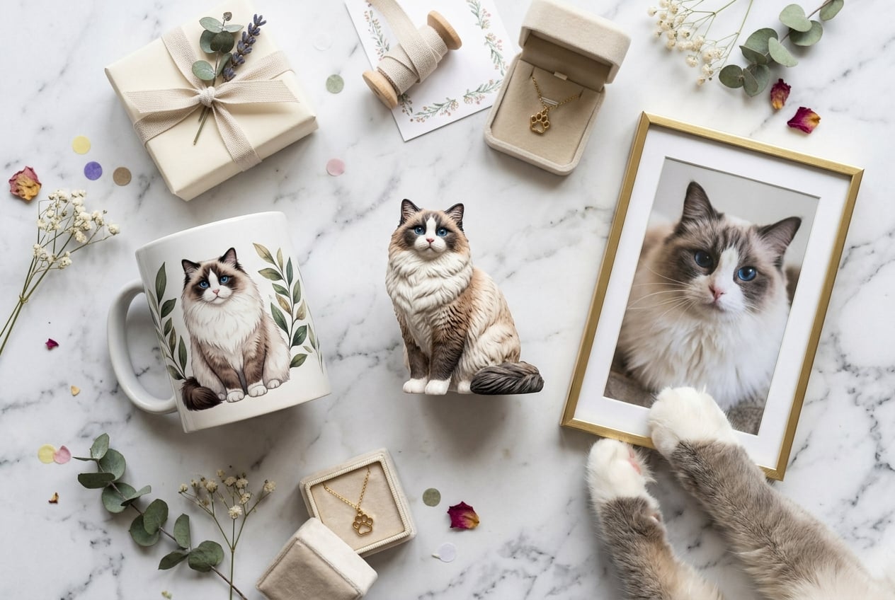 Flat-lay gift guide arrangement with a full-color 3D printed resin Ragdoll cat figurine as centerpiece on a marble surface