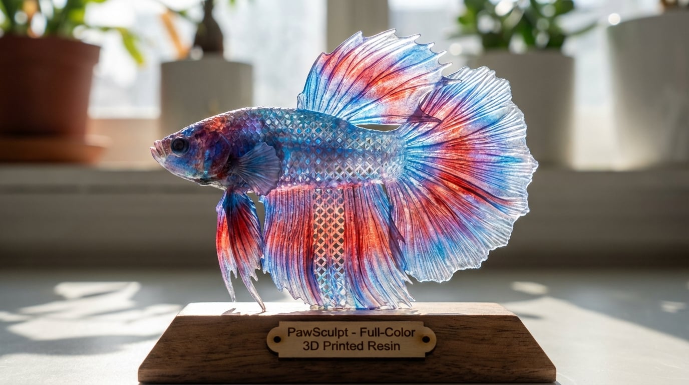 Backlit Betta fish figurine showing translucent fins